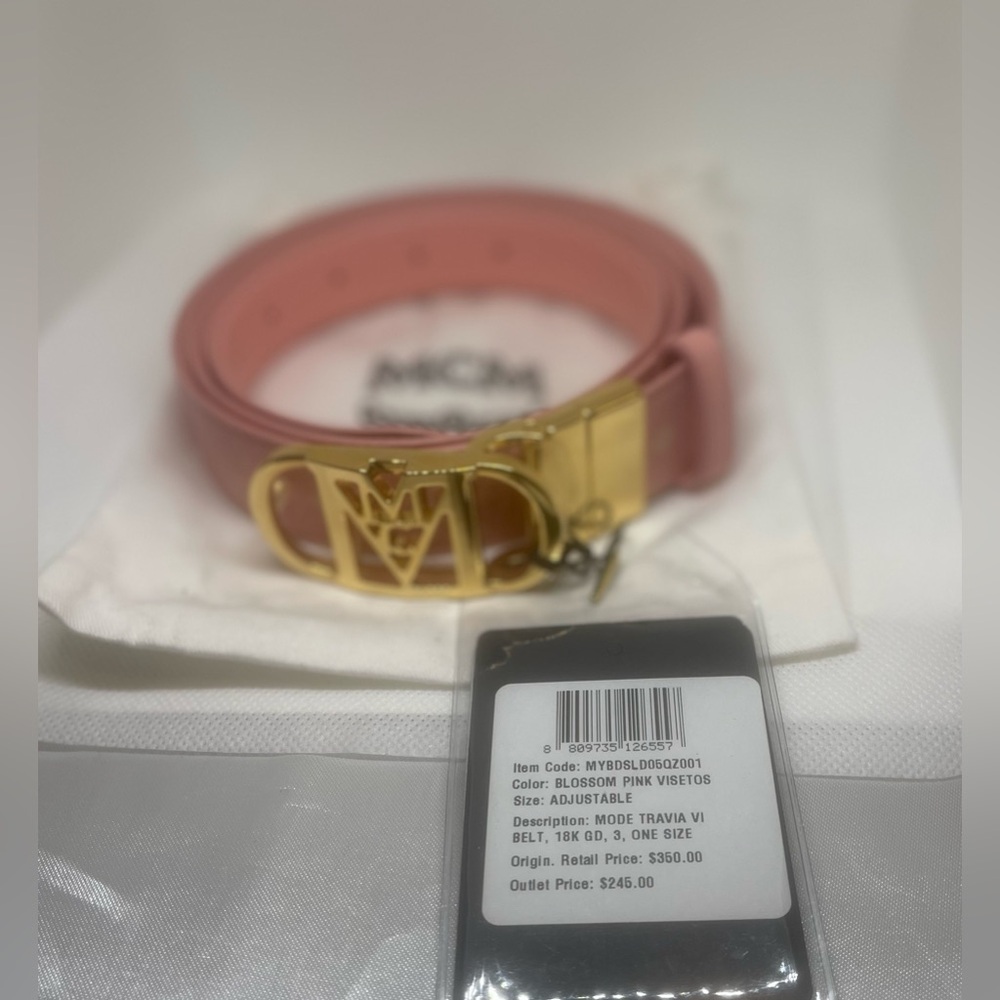 MCM ADJUSTABLE LEATHER BELT NWT COLOR BLOSSOM PINK WITH WHITE LOGO. 🌸 - Picture 8 of 8